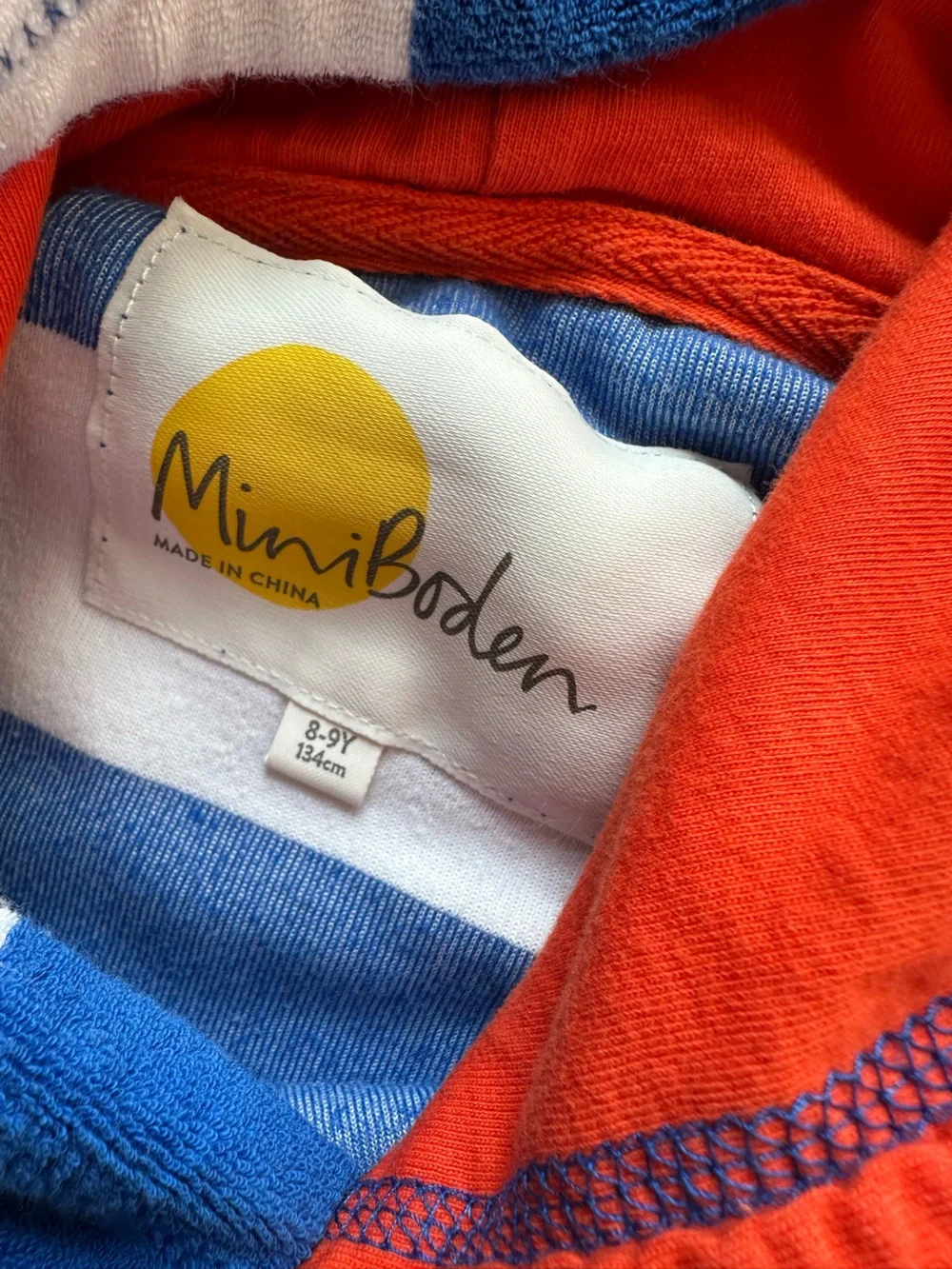Mini Boden Kids 8-9 Blue White Stripe Hooded Terry Beach Cover Up Crab appliqué